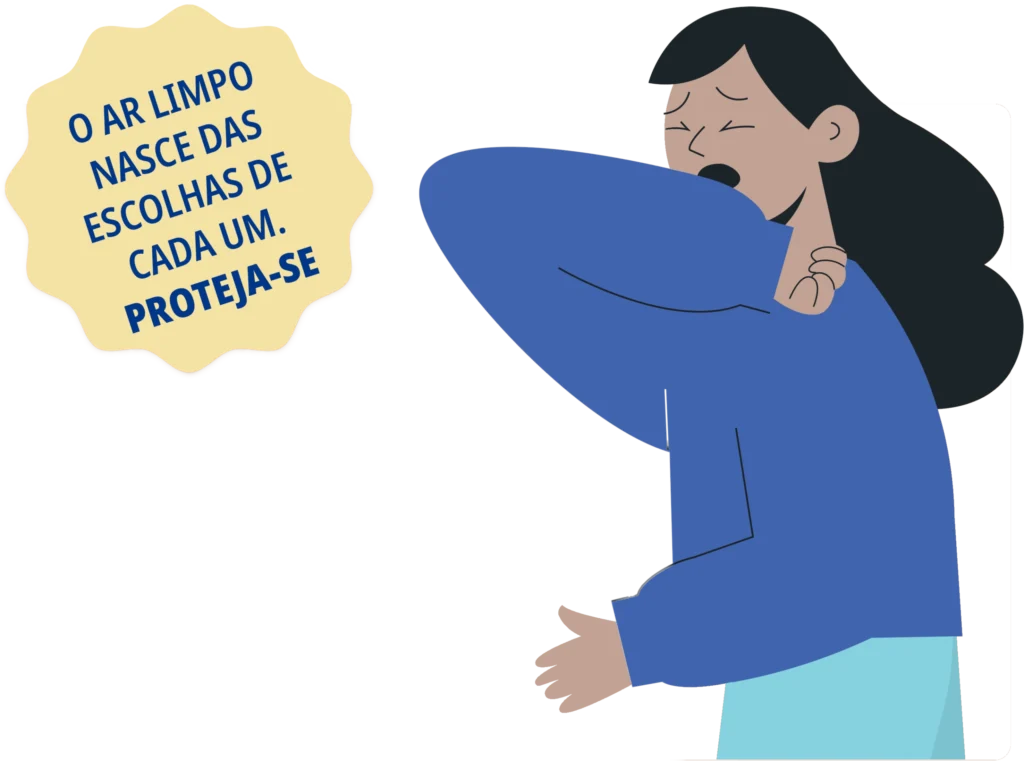 Ilustração de pessoa cobrindo o rosto com o braço ao tossir ou espirrar, acompanhada da mensagem em português: "O ar limpo nasce das escolhas de cada um. Proteja-se".
